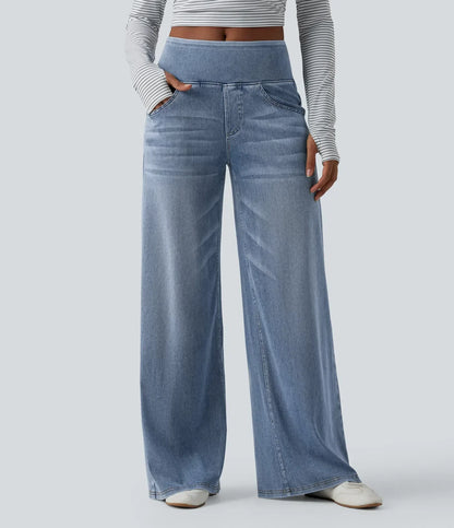 Velouré Flex™ afslappede, baggy jeans med mellemhøj talje, draperet vask, brede ben og lommer