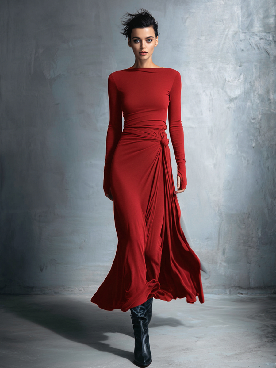 Vestido feminino cinza transpassado de tecido misto com stretch e acabamento requintado — vestido longo com nó