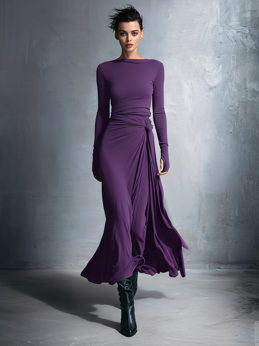 Vestido feminino cinza transpassado de tecido misto com stretch e acabamento requintado — vestido longo com nó