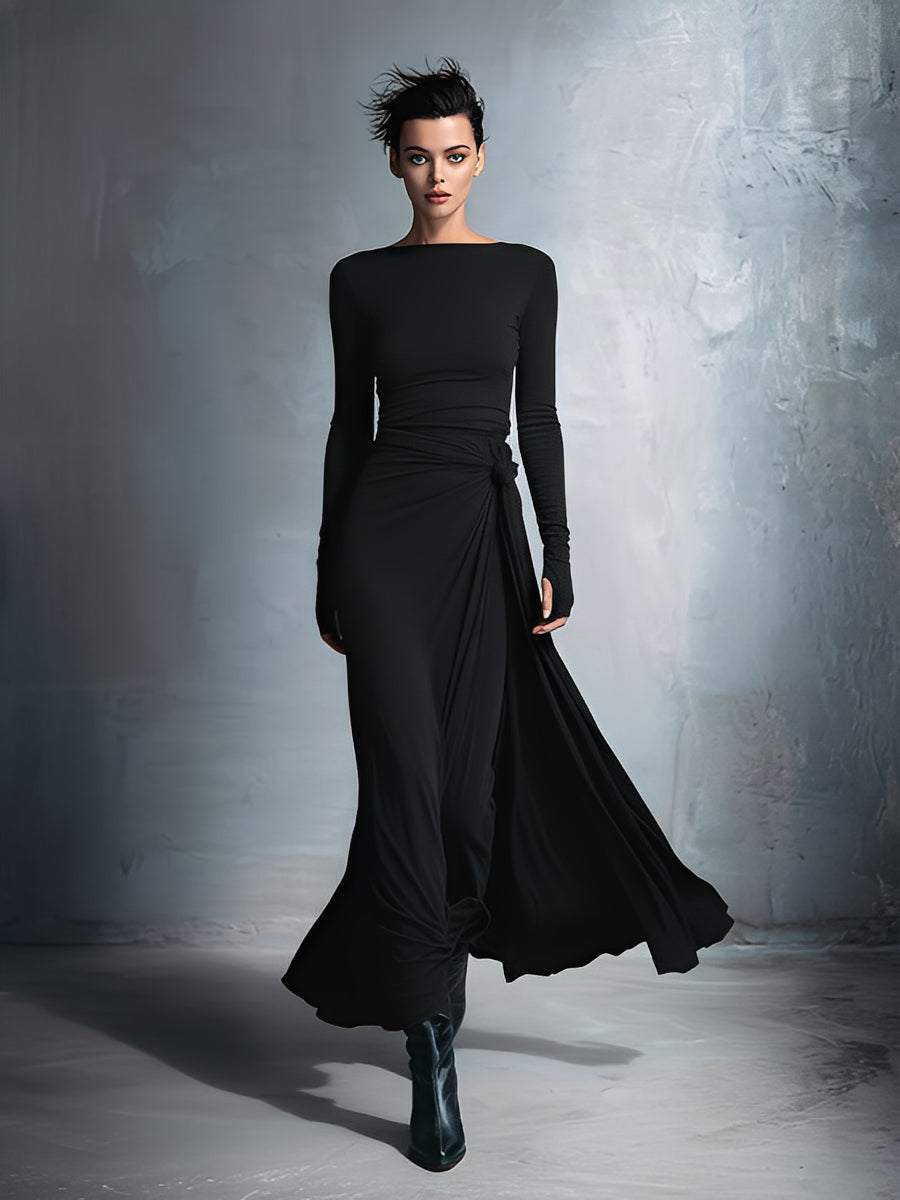 Vestido feminino cinza transpassado de tecido misto com stretch e acabamento requintado — vestido longo com nó