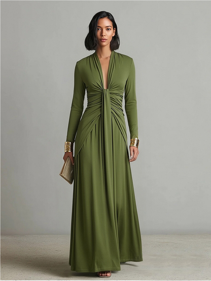 Women's Olive Silky Stretchy Dress With Deep V-Neck & Ruched Detail, Glamorous Maxi Dress