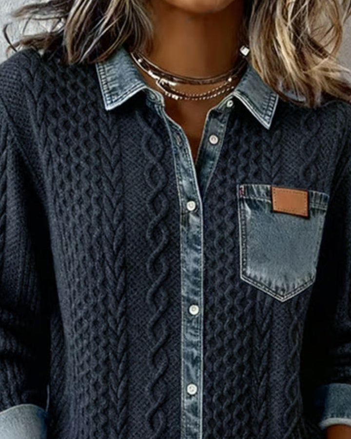 Camisa de Manga Longa com Patchwork em Denim