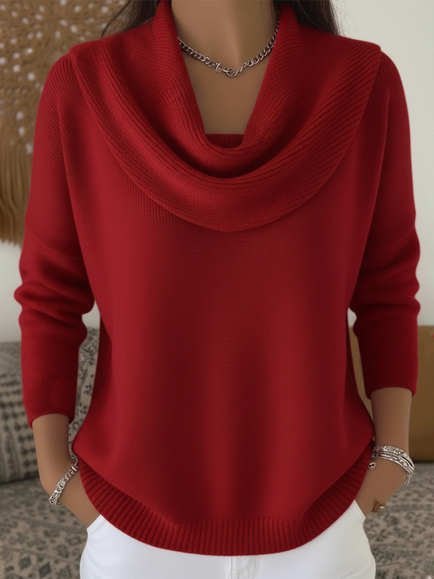 Women's Cowl Neck Knit Sweater Long Sleeve Merino Wool Jumper Pullover Tops