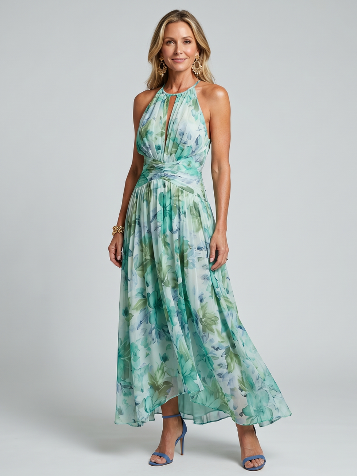 Portia | Vestido midi plisado con cuello halter y suave estampado floral