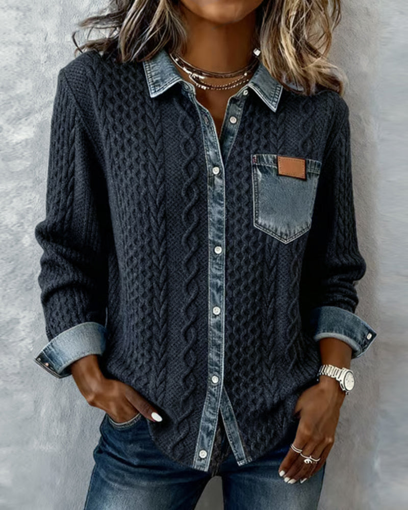 Camisa de Manga Longa com Patchwork em Denim