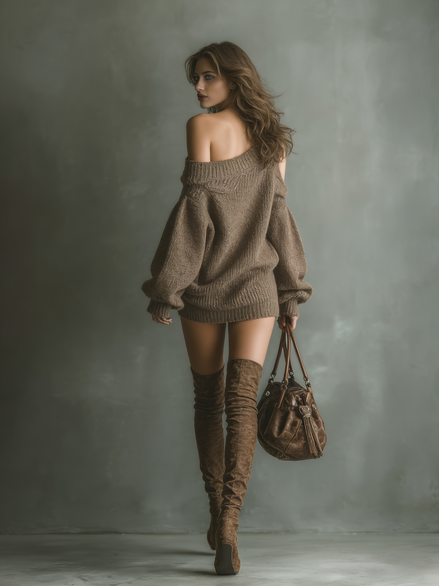 Vestido mini de tricô marrom feminino com ombros à mostra