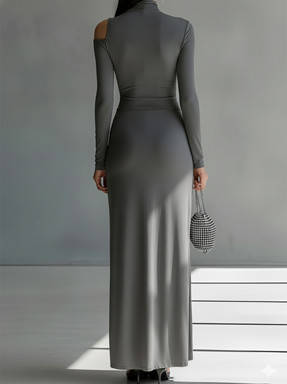Women's Grey Silky Stretch Sophisticated Ruched Detail Cut-Out Maxi Dress