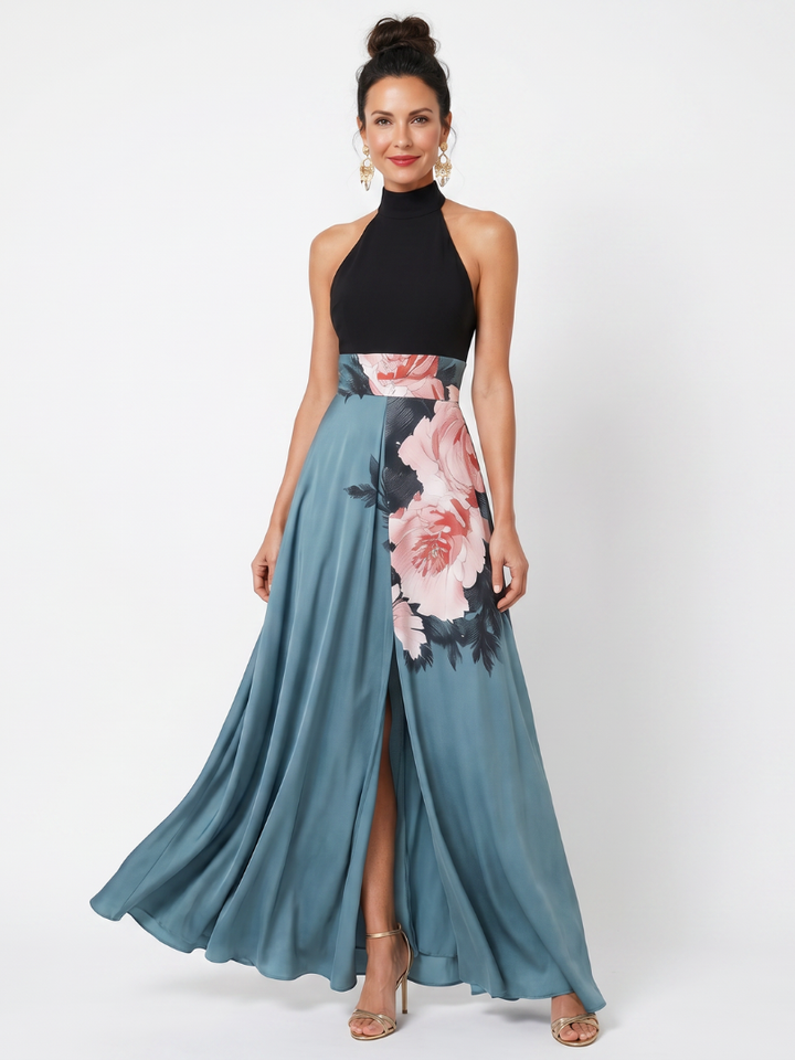 Olympas | Halter-korsage med blomsterprint maxi-nederdel kjole