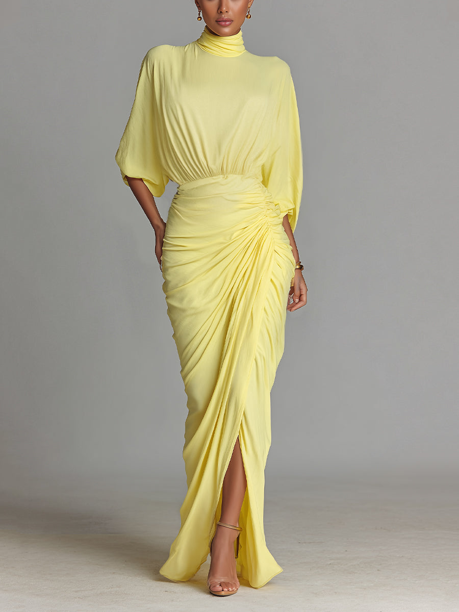 Vestido maxi feminino amarelo-brilhante, confortável e com tecido misto, de caimento drapeado