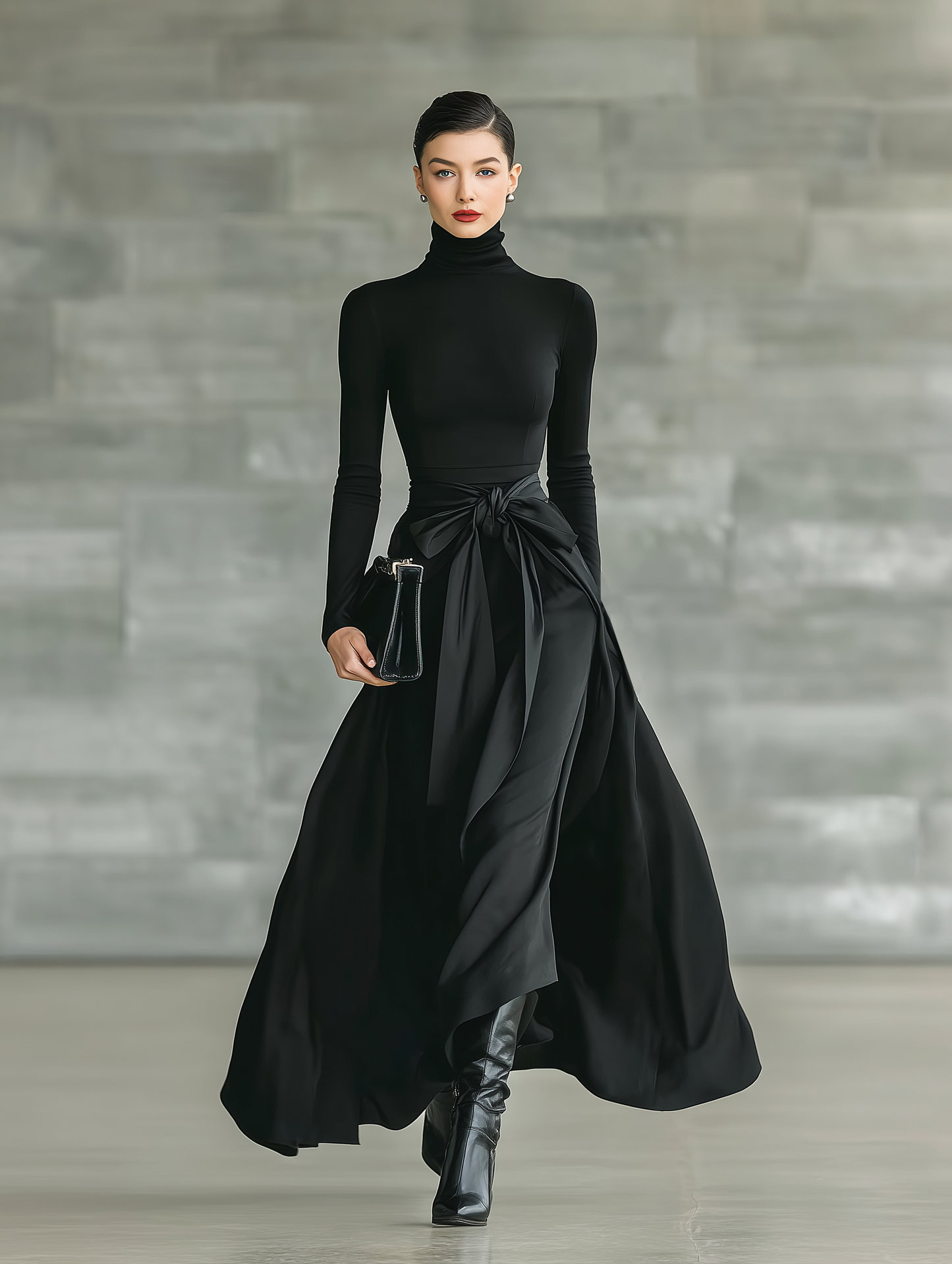 Vestido longo feminino preto, de gola alta, malha de alta elasticidade e tecido acetinado, com saia evasê