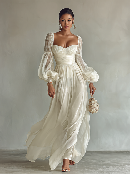 Women's Chiffon Square Neck Long Sleeve Waist Maxi Dress