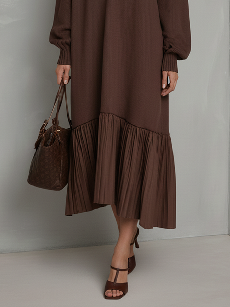 Women's Brown Ribbed Knit V-Neck Long Sleeve Pleated Hem Midi Dress