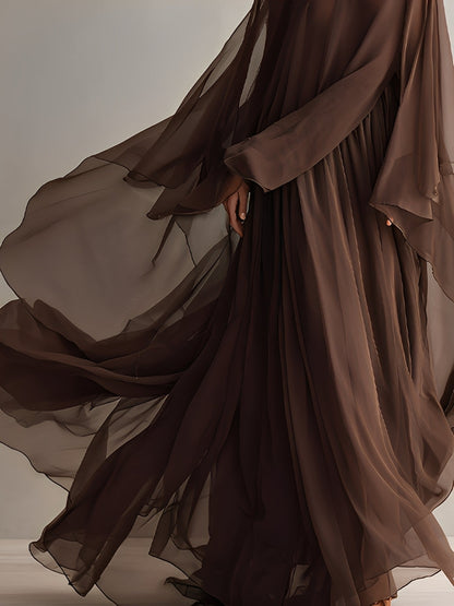 Women's Rich Brown Chiffon Dress With Flowy Maxi Silhouette & Cape-like Design, Modern Elegant-Glam Style Dress