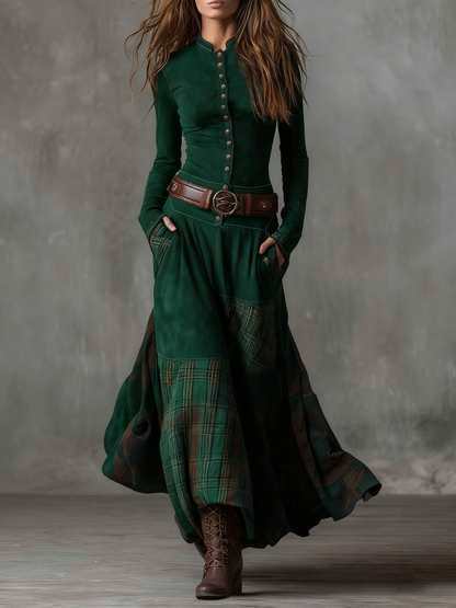 Vestido longo vintage de camurça azul-marinho com painéis xadrez (com cinto)