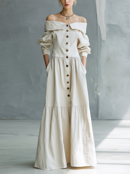 Vestido camisola blanco elegante para mujer, tejido, con diseño de hombros descubiertos y mangas largas holgadas