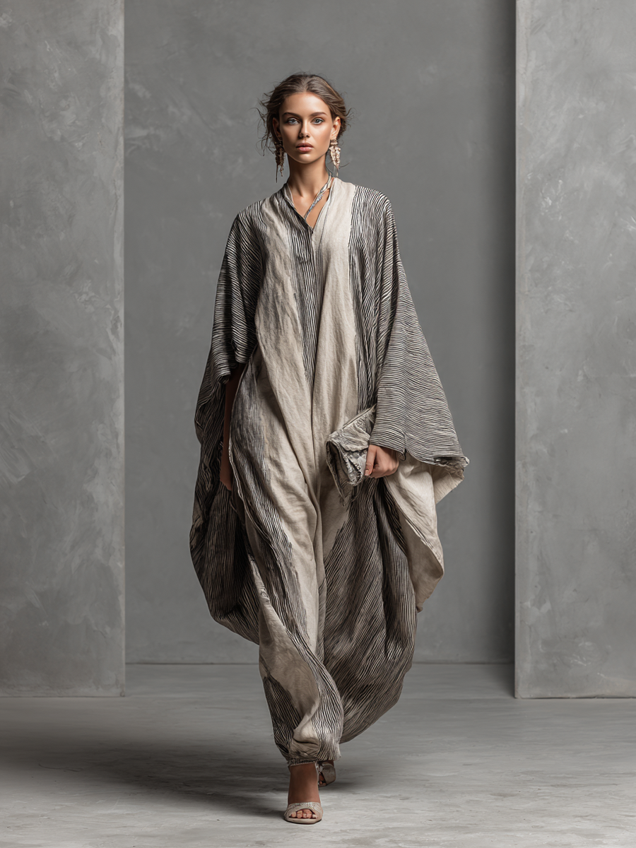 Vestido longo tipo kaftan feminino oversized, listrado, de algodão e linho, com decote em V e estilo boho