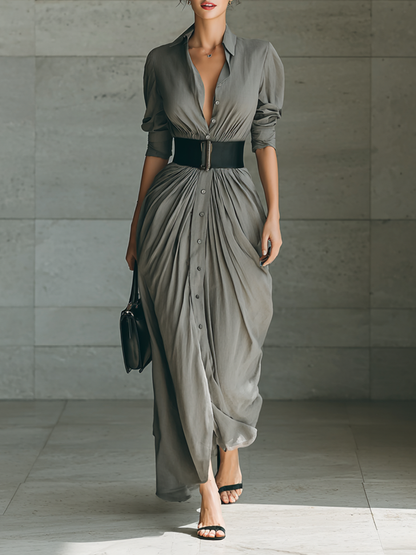 Vestido maxi feminino de manga longa, com lapela, abotoamento simples e cinto