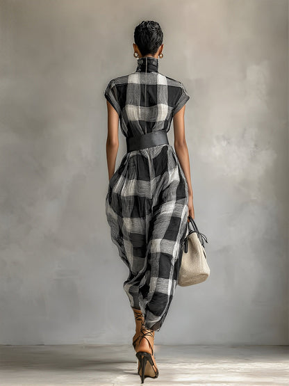 Vestido longo feminino xadrez de mistura de algodão, com gola alta, mangas curtas e cinto