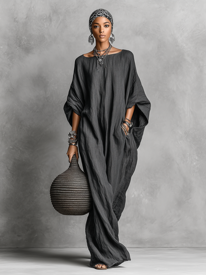 Women's Loose Cotton And Linen Batwing Sleeve Maxi Dress