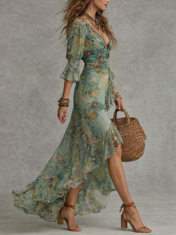 Retro romantisches langes Wickelkleid mit Blumenmuster