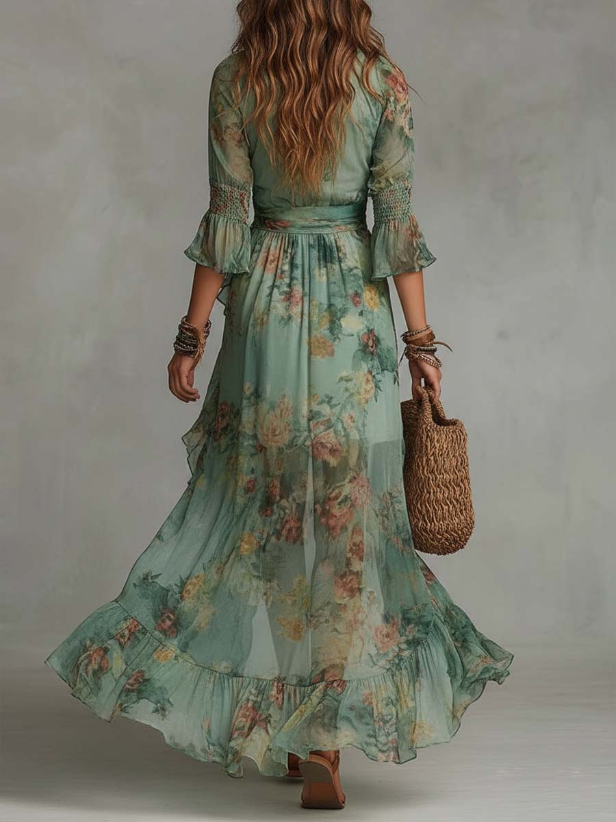 Retro romantisches langes Wickelkleid mit Blumenmuster