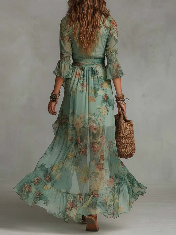 Retro romantisches langes Wickelkleid mit Blumenmuster