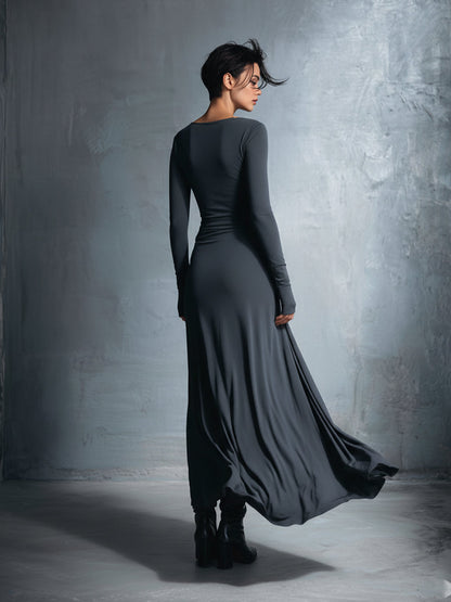 Women's Gray Exquisite Stretch Blended Fabric Wrap Dress - Knotted Maxi Dress