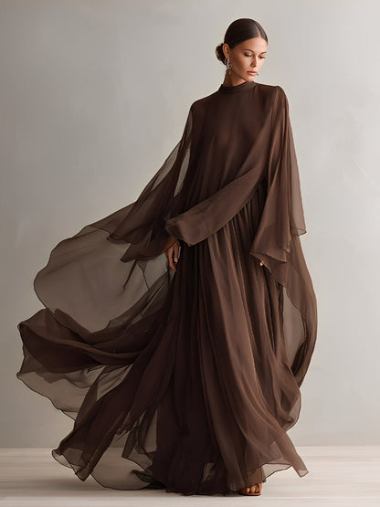 Women's Rich Brown Chiffon Dress With Flowy Maxi Silhouette & Cape-like Design, Modern Elegant-Glam Style Dress