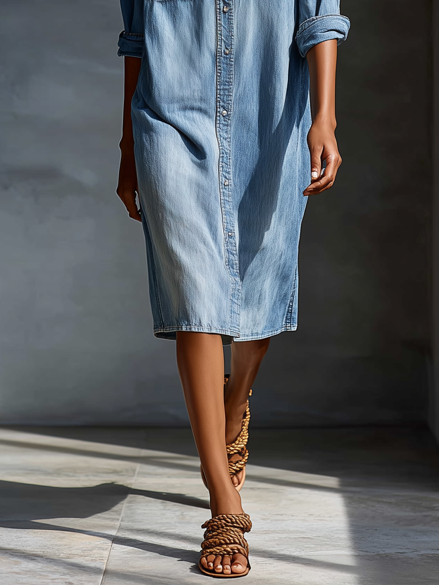 Vestido camisero de mezclilla azul claro para mujer, con hombros descubiertos y bolsillos en el pecho