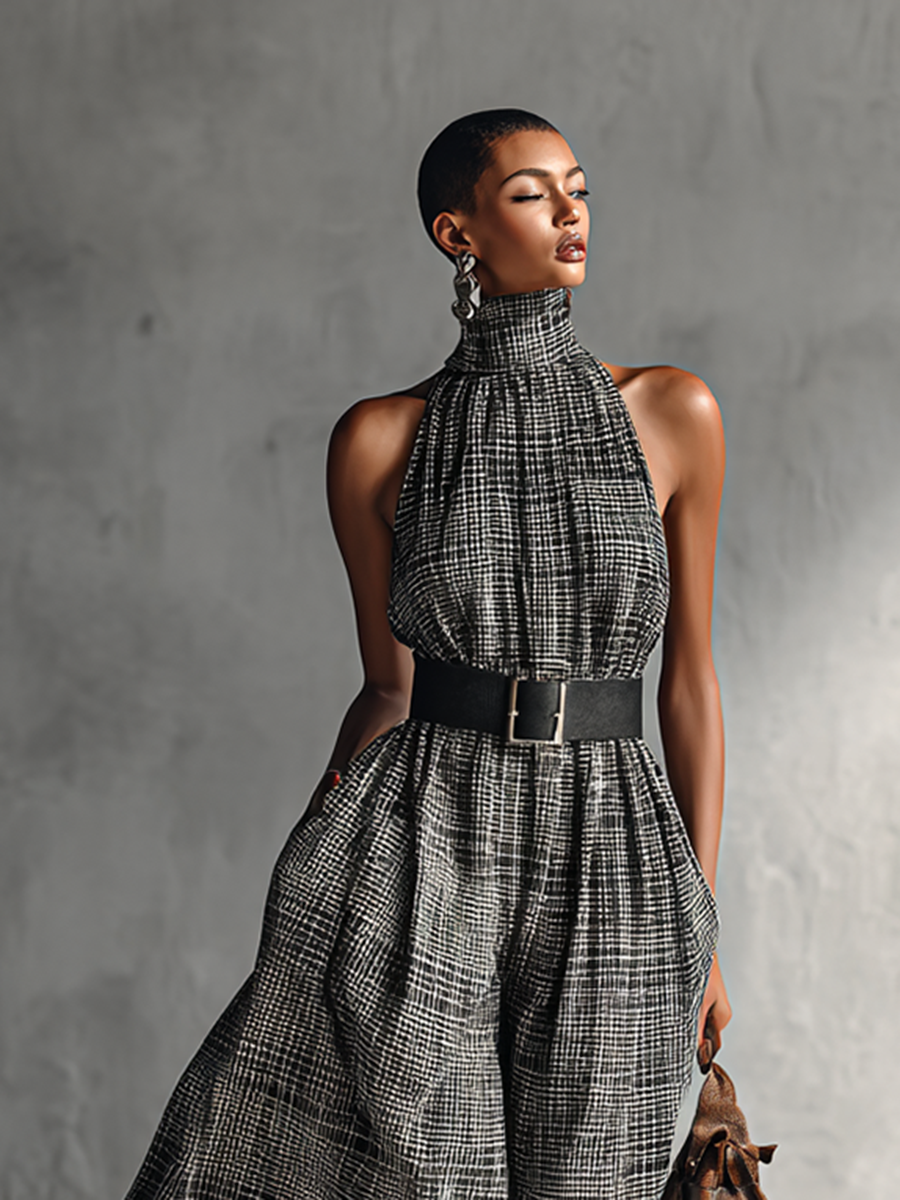 Damen-Maxikleid mit Karomuster, Stehkragen, ärmellos und Gürtel