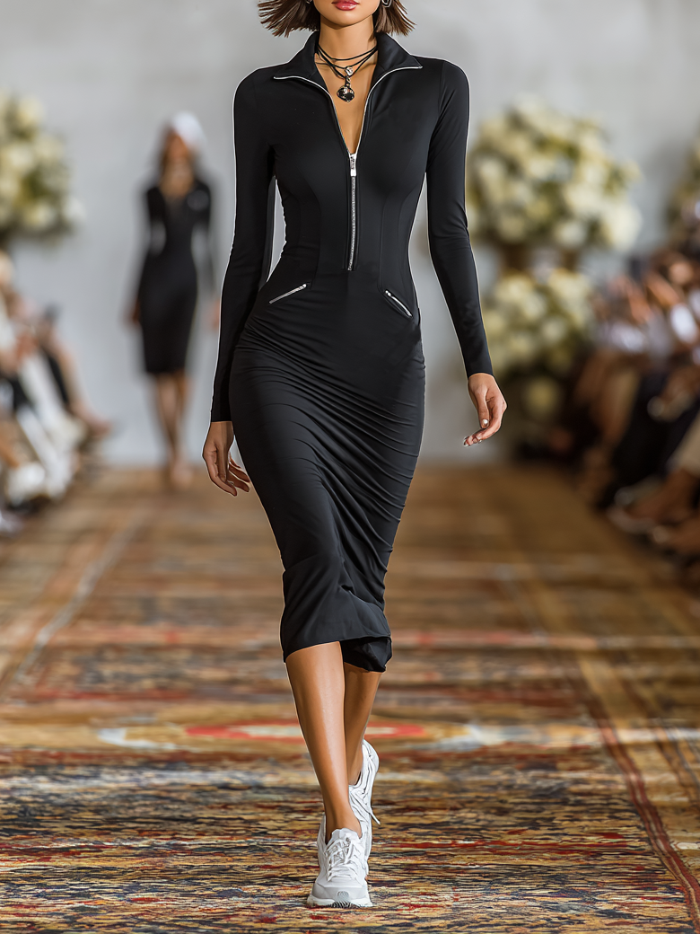 Sportliches Damen-Midikleid aus Baumwollmischung mit schmaler Passform, Reißverschluss und Reverskragen