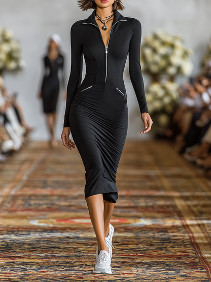 Sportliches Damen-Midikleid aus Baumwollmischung mit schmaler Passform, Reißverschluss und Reverskragen