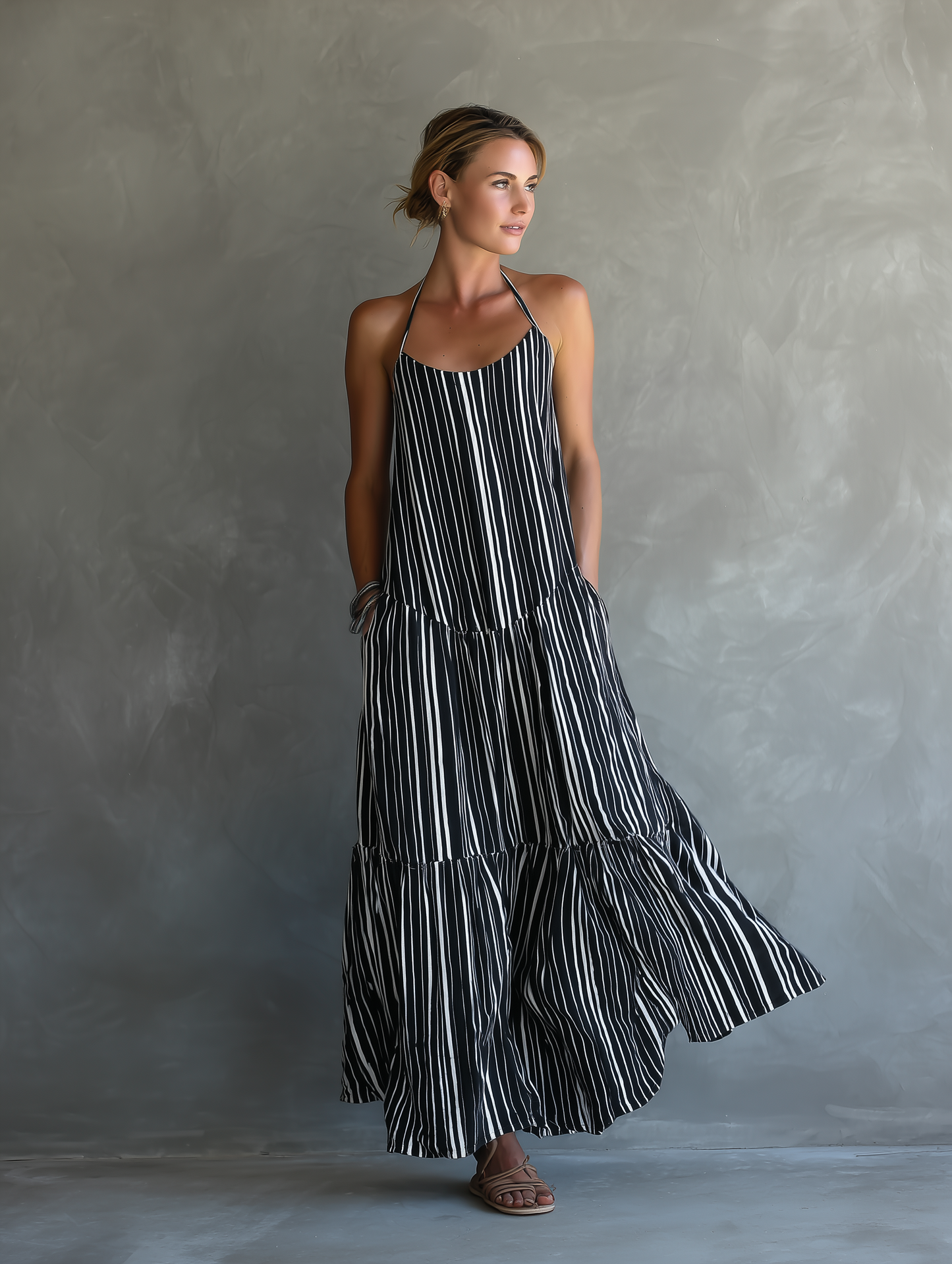 Women's Black And White Vacation Style Striped Maxi Dress With Halter Neckline & Tiered Skirt