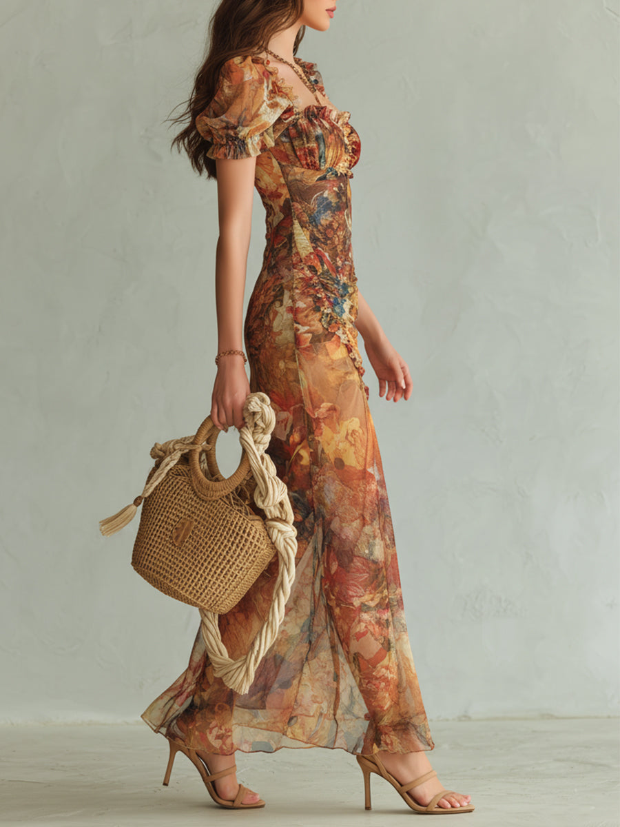 Boho Holiday oljemaleri trykt chiffon maxi-kjole
