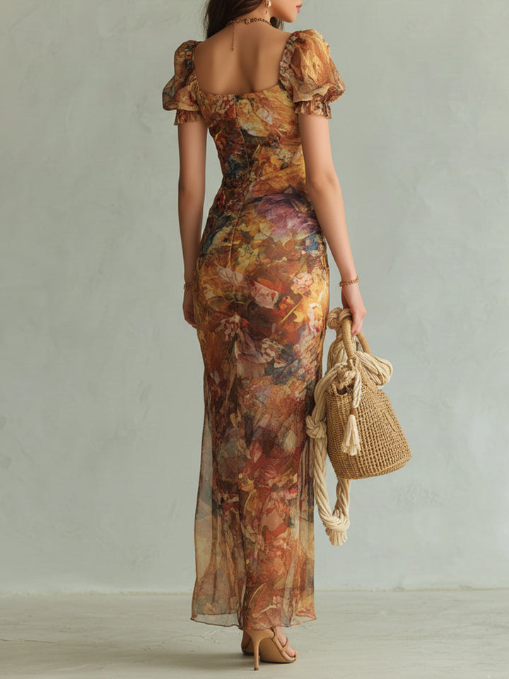 Boho Holiday oljemaleri trykt chiffon maxi-kjole