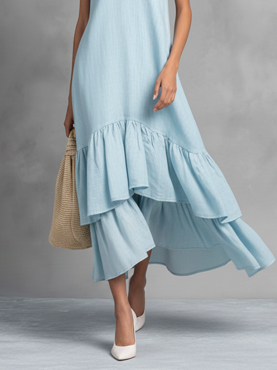 Women's Light Blue Cotton Linen Sleeveless V-Neck Ruffle Hem Maxi Dress