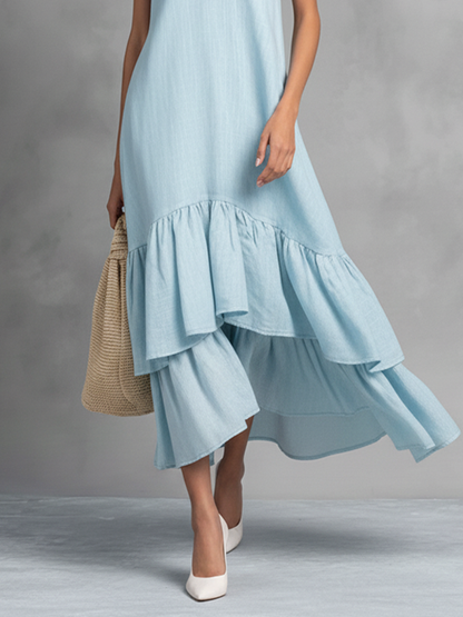 Women's Light Blue Cotton Linen Sleeveless V-Neck Ruffle Hem Maxi Dress