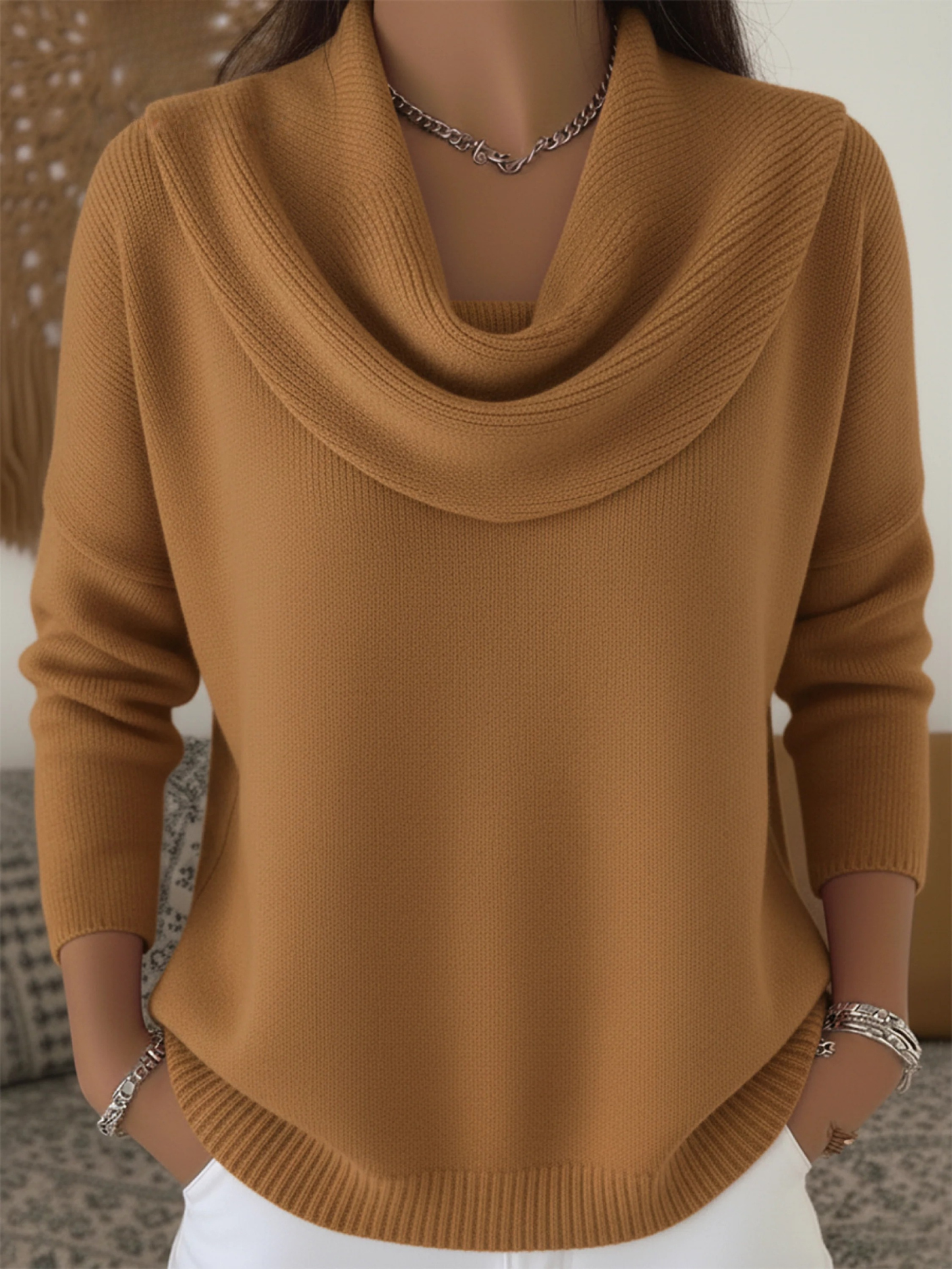 Women's Cowl Neck Knit Sweater Long Sleeve Merino Wool Jumper Pullover Tops