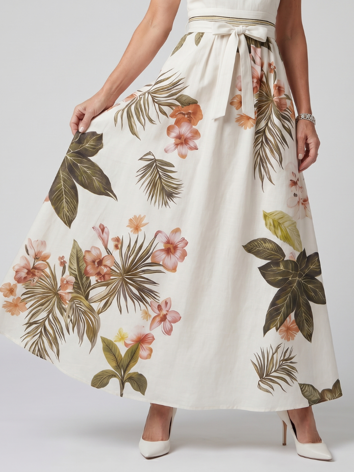 Meadow | Draperet halterneck maxikjole med botanisk panel