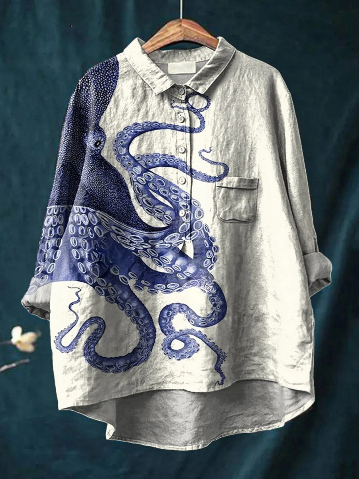 Amelia | Camisa Casual Feminina com Estampa Artística de Tentáculos de Polvo do Mar Profundo