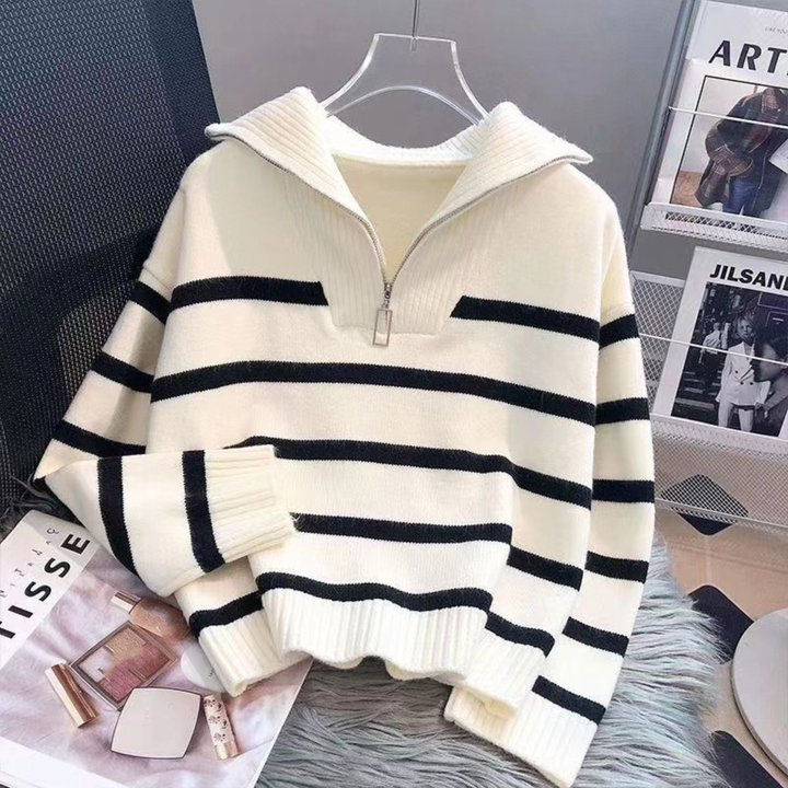 NEVAEH™ - Blusa Listrada Chic de Manga Longa com Gola