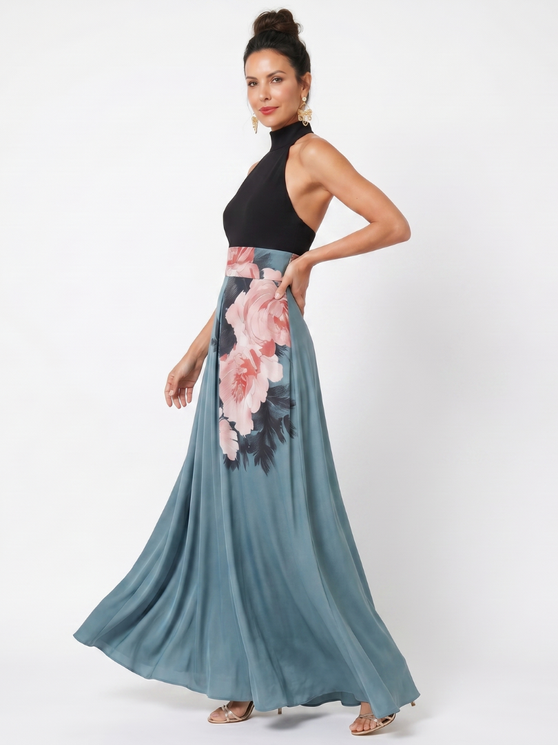 Olympas | Halter-korsage med blomsterprint maxi-nederdel kjole