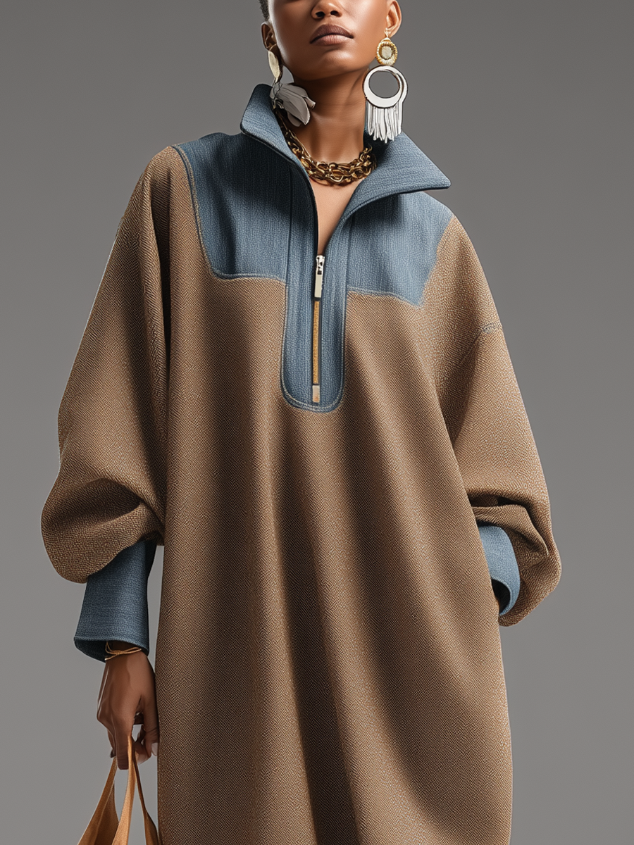 Damen-Langkleid aus braunem, doppelseitig gebürstetem Stoff und blauem Denim mit Stehkragen und lockerem Schnitt