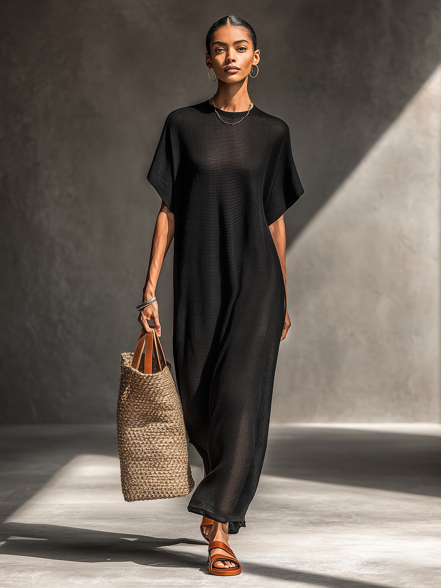 Vestido longo feminino minimalista de malha transparente com mangas curtas