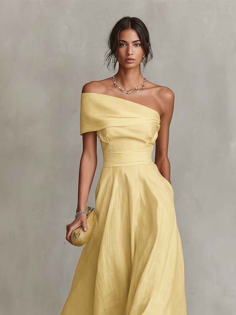 Gelbes Damen-Leinenkleid mit One-Shoulder-Ausschnitt und taillierter Passform, zeitlos eleganter Chic-Stil