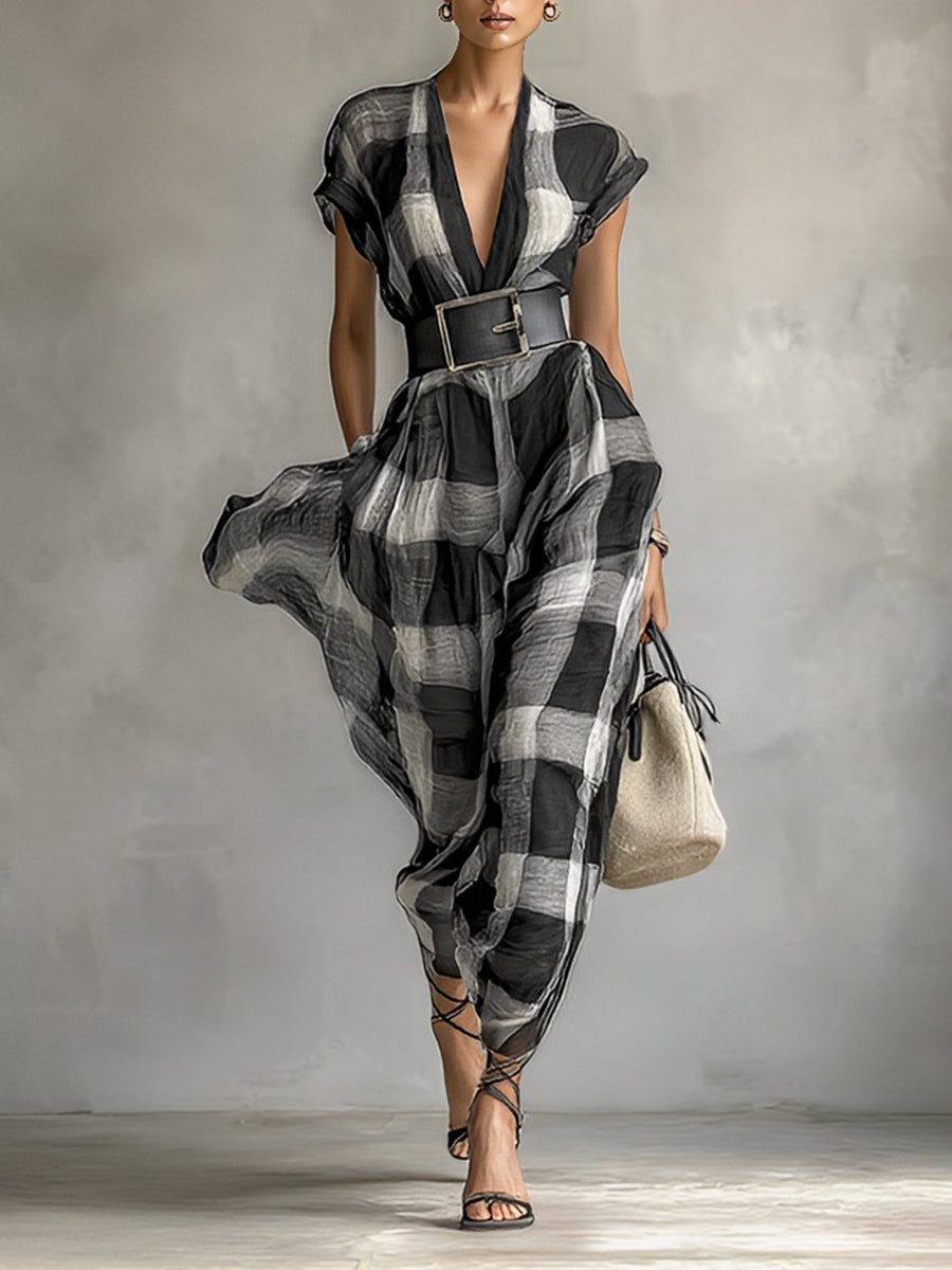 Women's Linen Blend Plaid V-neck Cap Sleeve Belt Maxi Dress