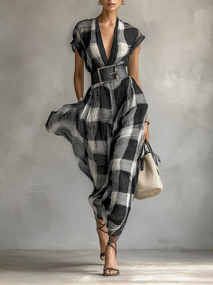 Women's Linen Blend Plaid V-neck Cap Sleeve Belt Maxi Dress