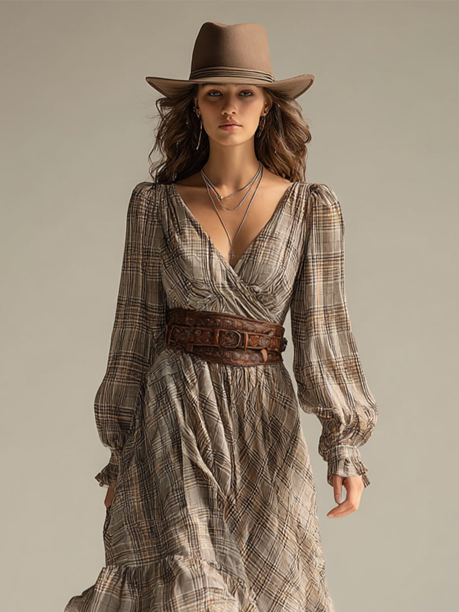 Beige ternet boheme-chiffon-midikjole med flæser til kvinder (uden bælte)