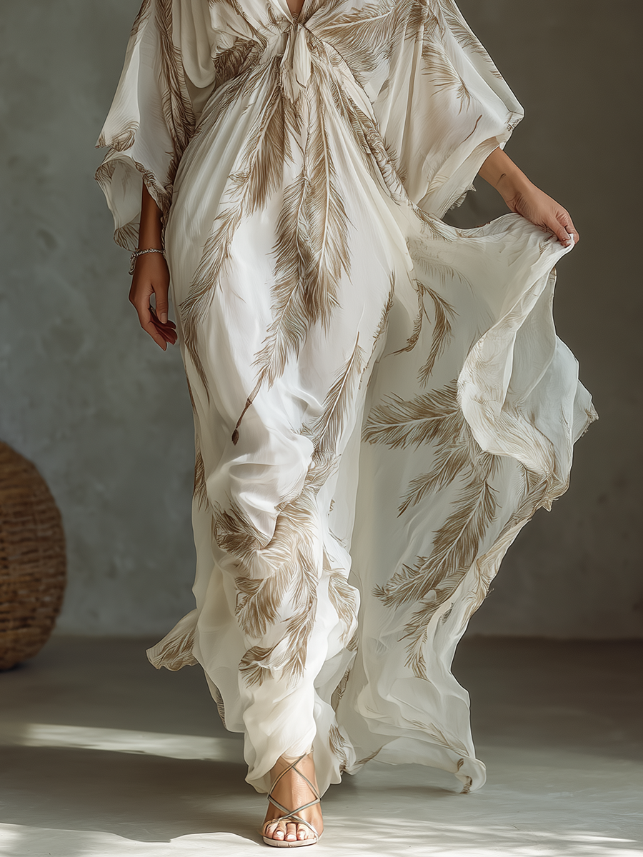 Women's Ivory And Taupe Chiffon Fabric Dolman Sleeve Maxi Dress With Twist Front & Palm Leaf Print