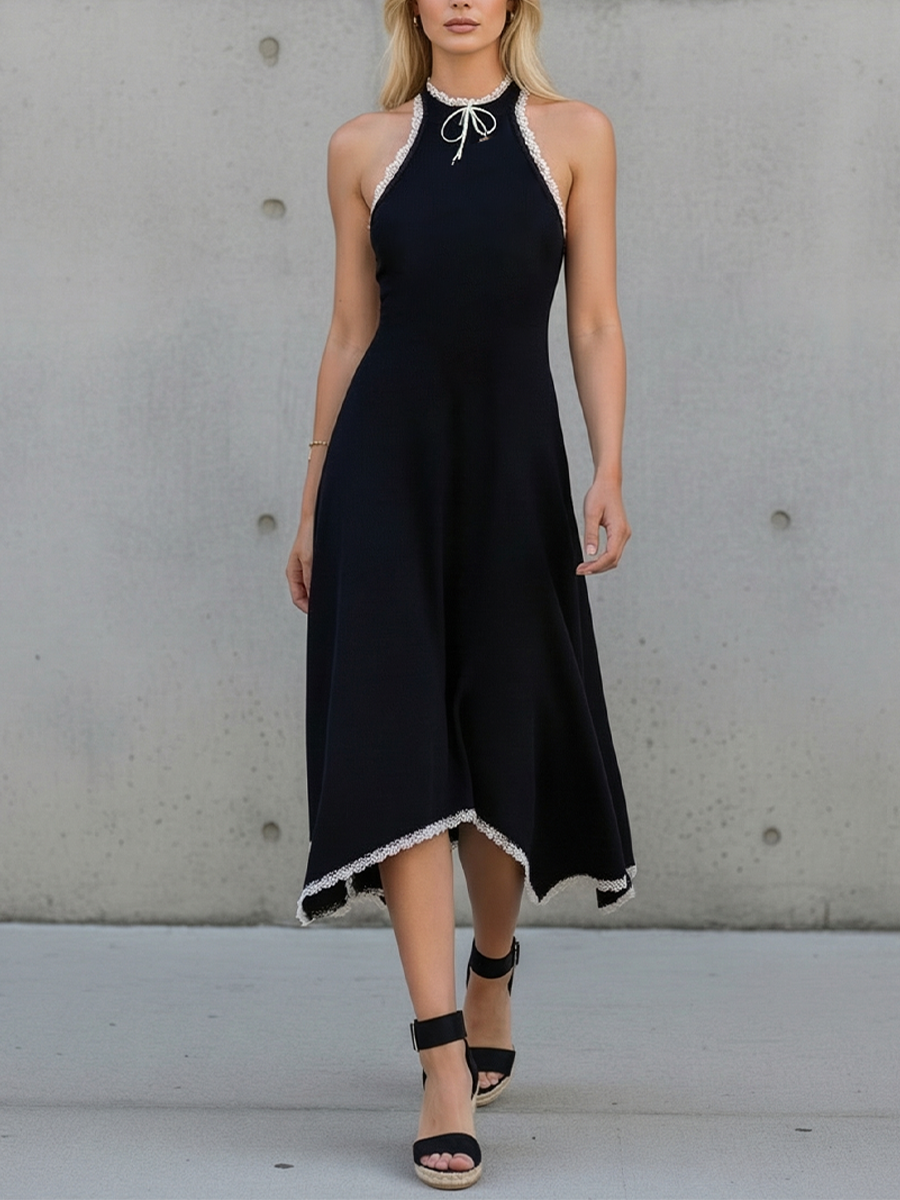 Women's Black Knit Dress With Halter Neck & Contrast Lace Trim, Timeless Feminine-Chic Style Dress